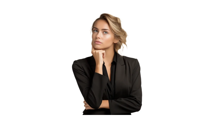 Thoughtful businesswoman in black blazer isolated on white background