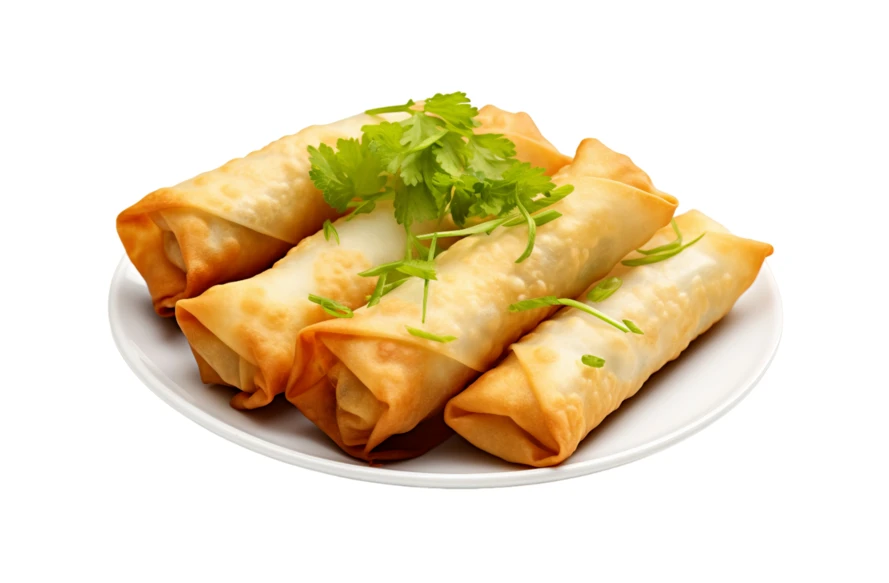 Crispy fried spring rolls on white plate isolated