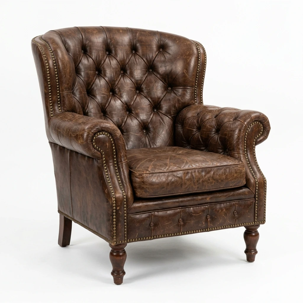 Vintage brown leather tufted armchair with nailhead trim