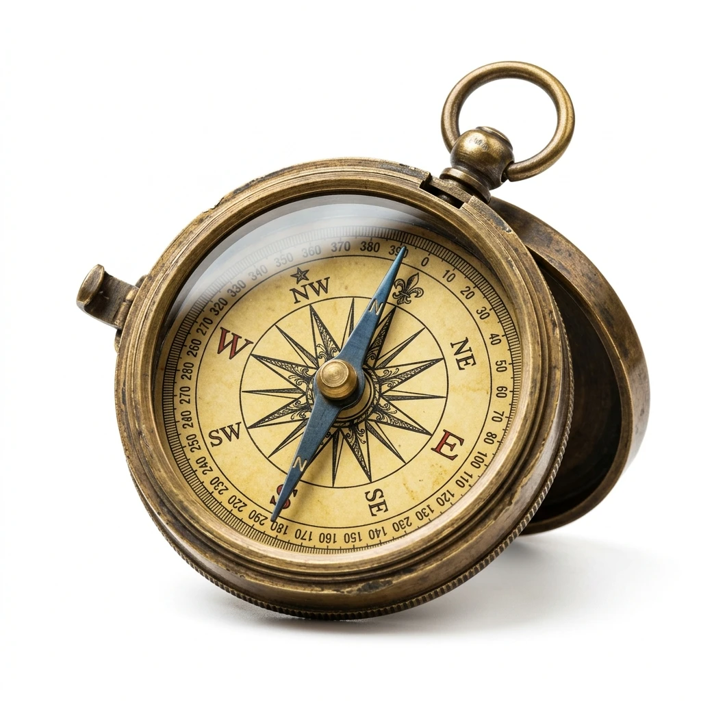 Vintage brass nautical compass isolated on white background