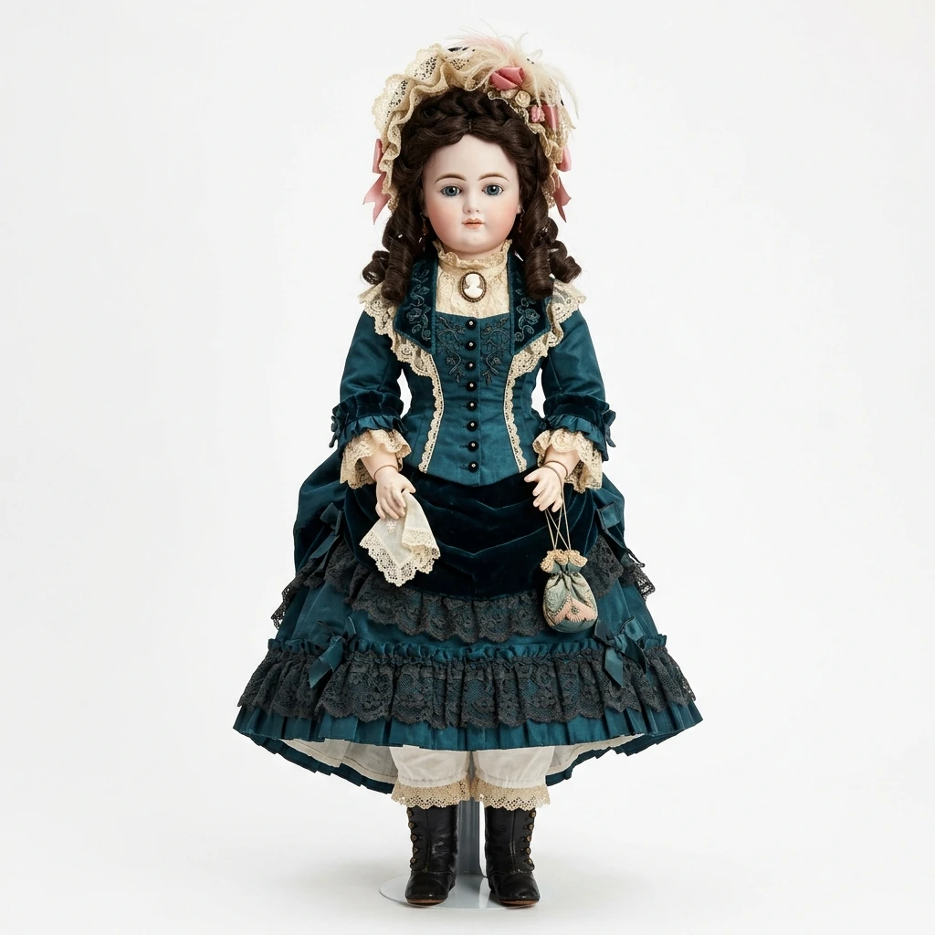 Antique porcelain doll in Victorian style teal dress