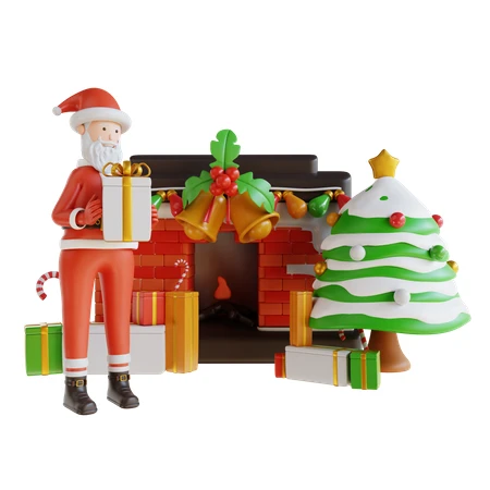 3D Santa Claus holding a gift by fireplace and tree