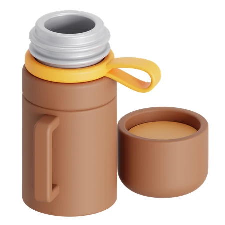 Brown thermos flask and cup 3D rendering