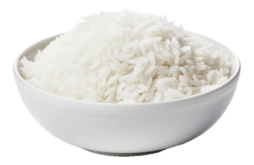 Bowl of cooked white rice isolated on white background