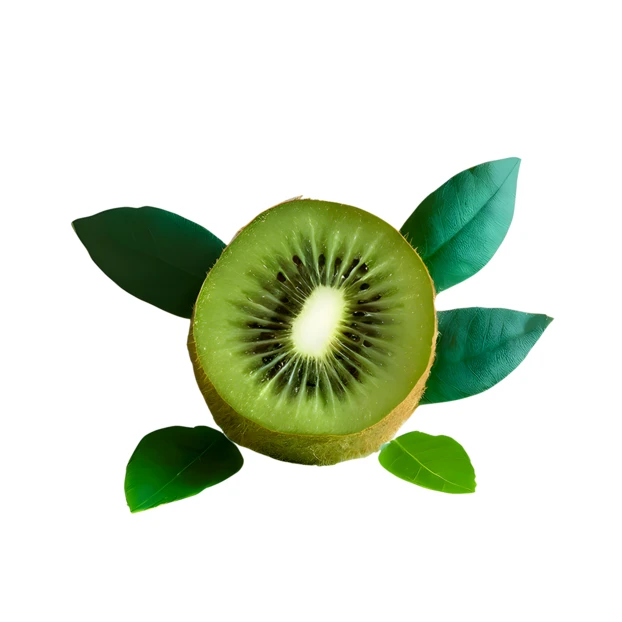 Fresh kiwi slice with green leaves isolated on white