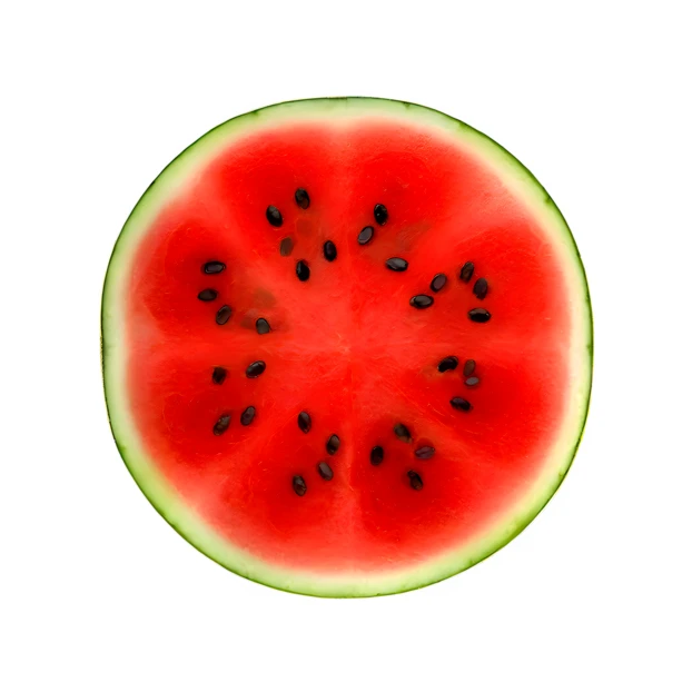 Circular watermelon slice with black seeds on white background