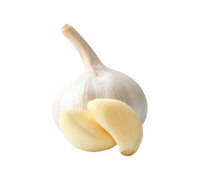 Whole garlic bulb and peeled cloves isolated on white background
