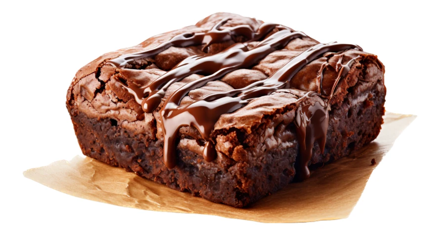 Chocolate brownie with chocolate drizzle isolated on white background