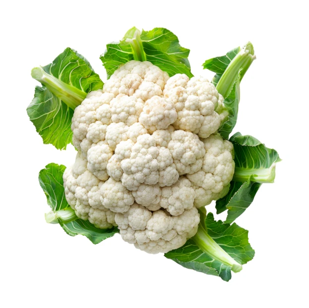Fresh cauliflower with green leaves isolated on white background