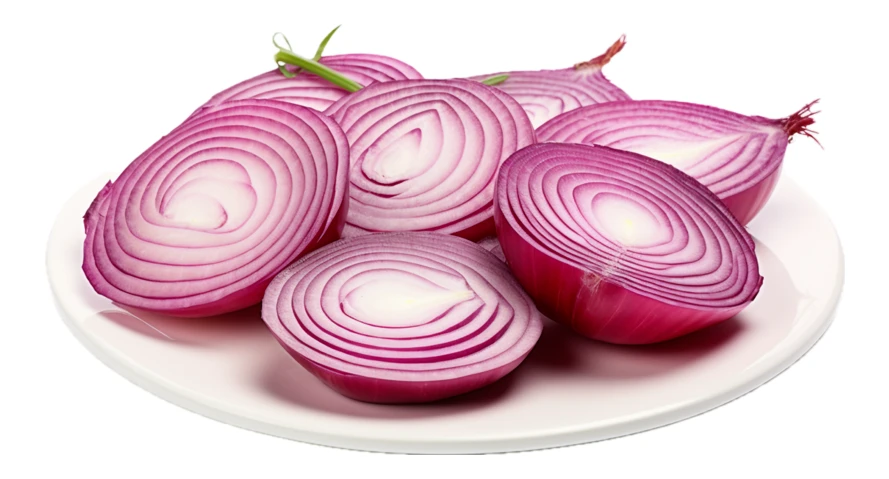 Fresh red onion slices on a white plate isolated