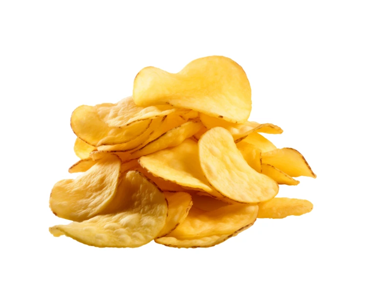 Pile of crispy golden potato chips isolated on white background