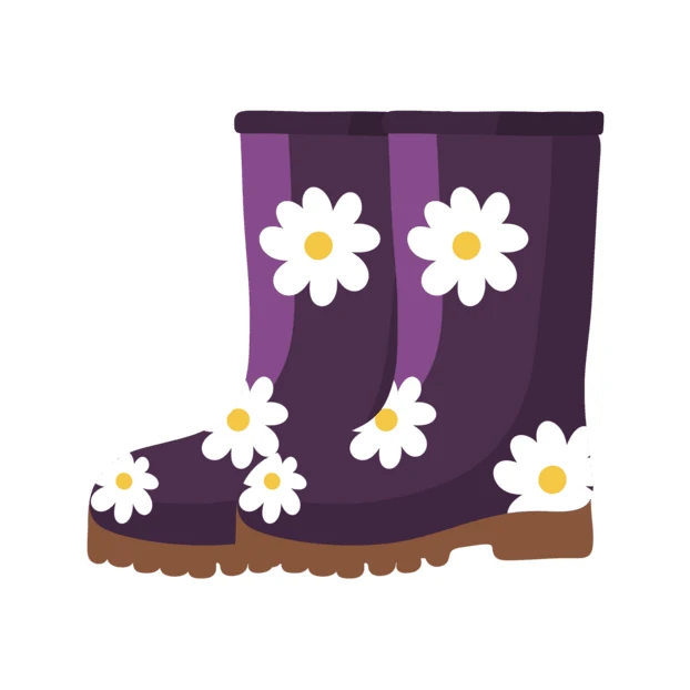 Purple rubber wellington boots with white daisy flower pattern