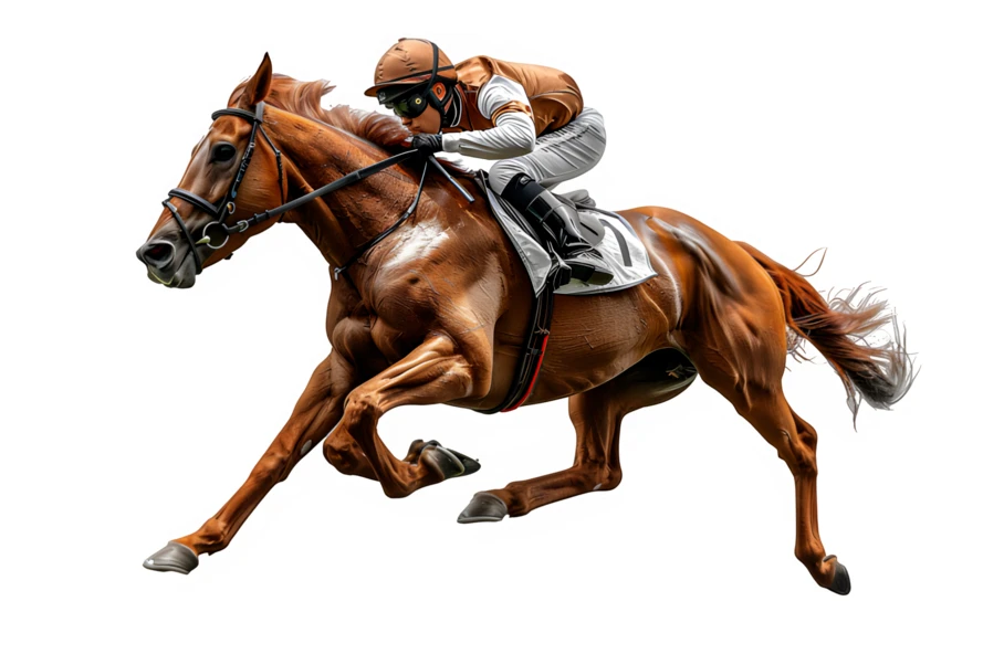 Jockey riding galloping racehorse isolated on white background