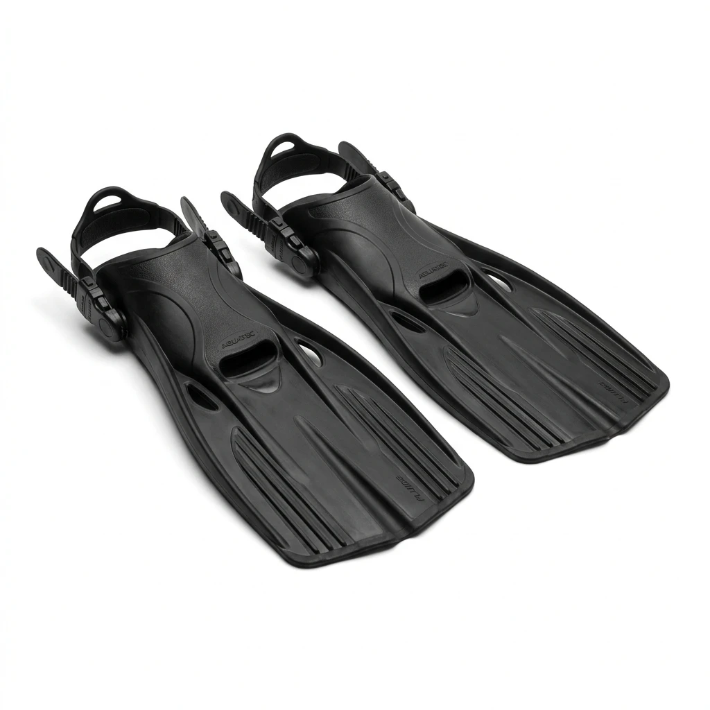Pair of black adjustable diving fins on white background