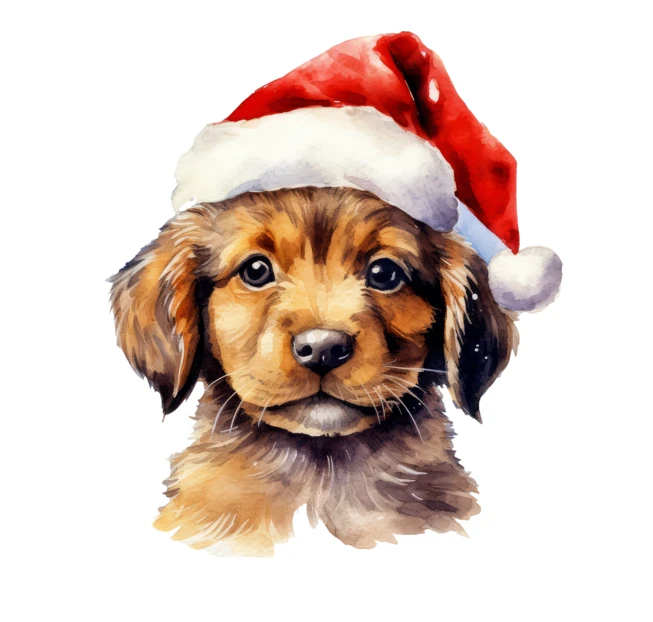 Watercolor illustration of a cute puppy wearing a Santa hat