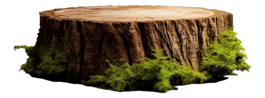 Tree stump with green moss isolated on white background