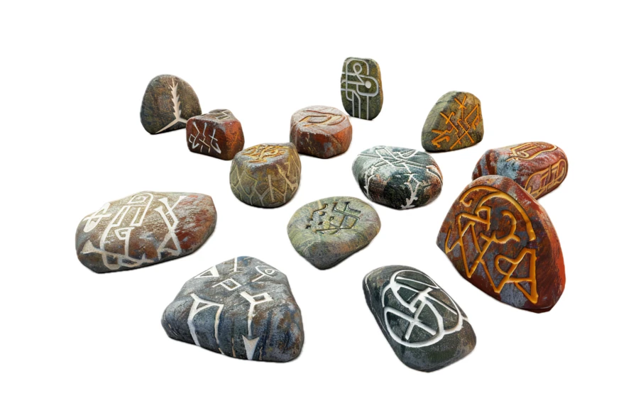 Collection of ancient runestones with mystical carved symbols