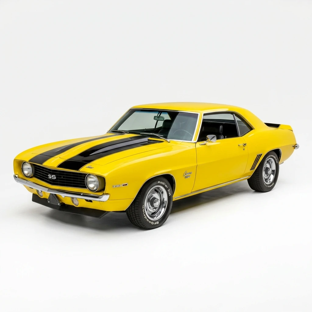 Classic 1969 yellow Chevrolet Camaro SS with black racing stripes