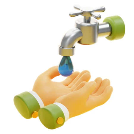 3D illustration of hands catching a water drop from tap