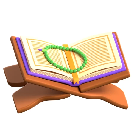 3D illustration of open holy Quran with prayer beads