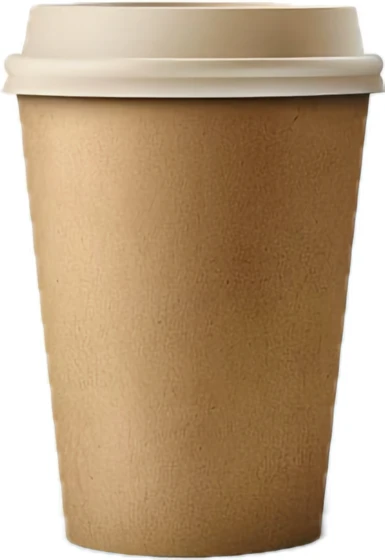 Disposable brown paper coffee cup with lid on white background