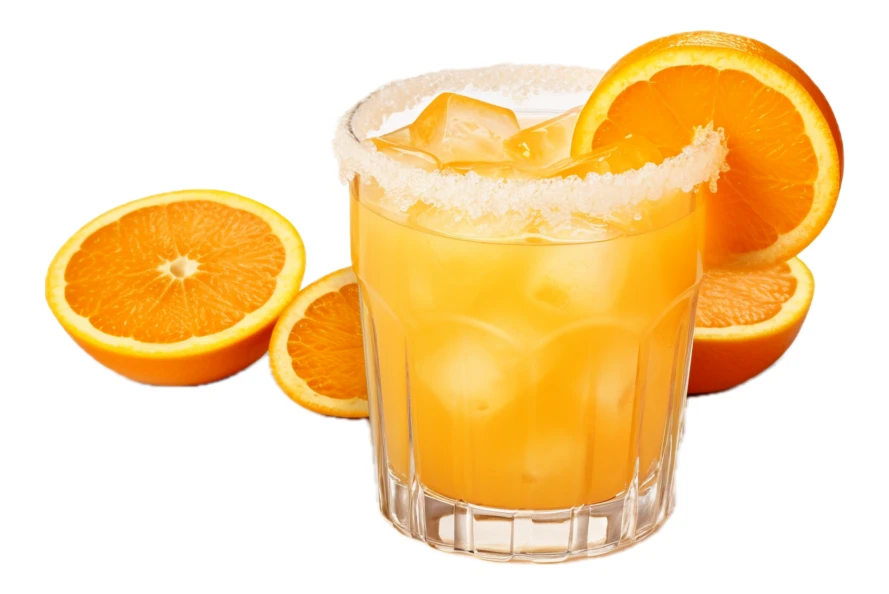 Fresh orange juice with ice and orange slices on white background