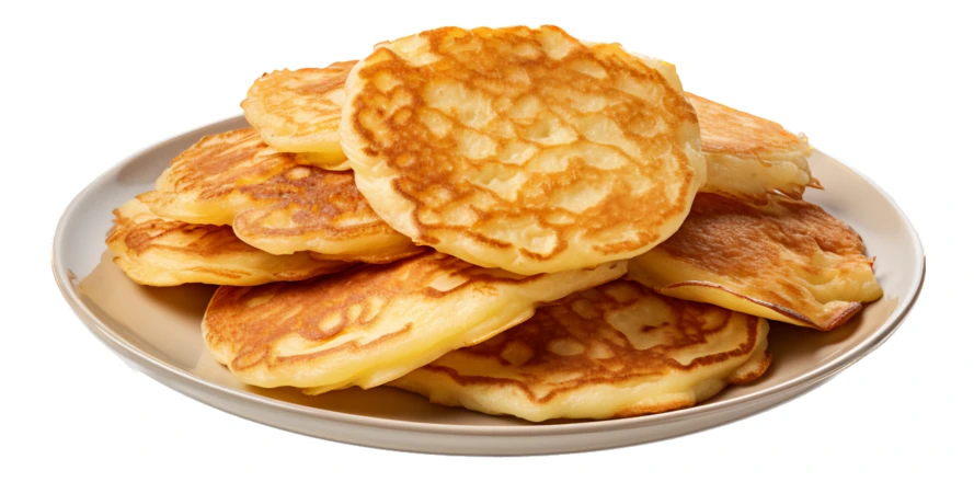 Plate of fresh golden pancakes isolated on white