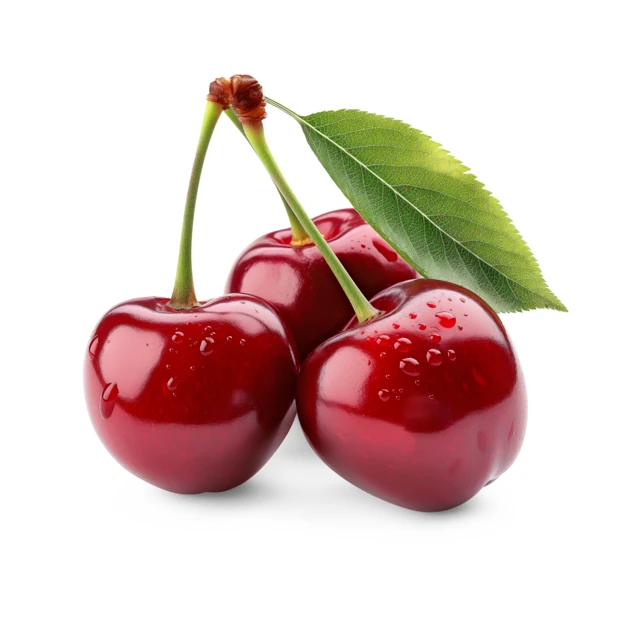 Three fresh red cherries with leaf on white background