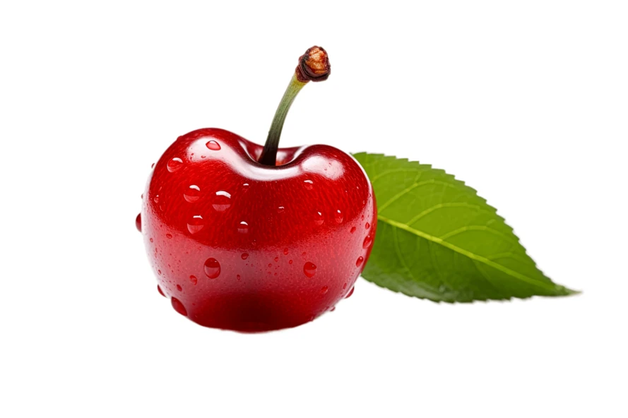 Single ripe red cherry with green leaf on white background