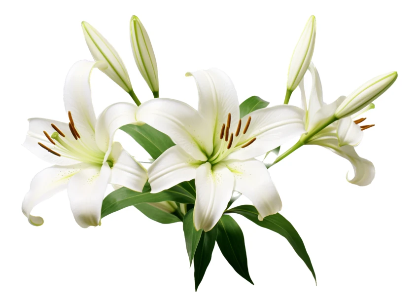 White lily flowers and buds isolated on white background