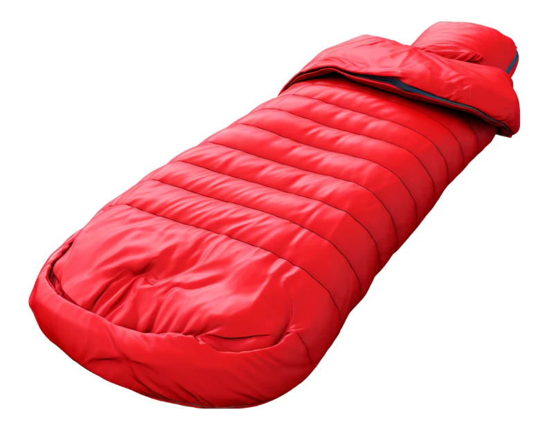 Red quilted mummy sleeping bag isolated on white background