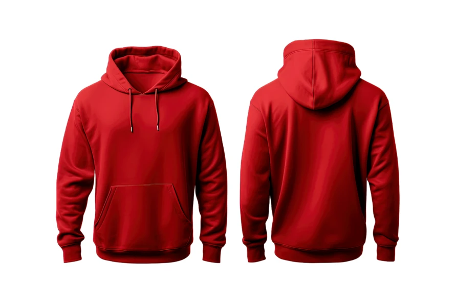 Front and back view of blank red hoodie sweatshirt