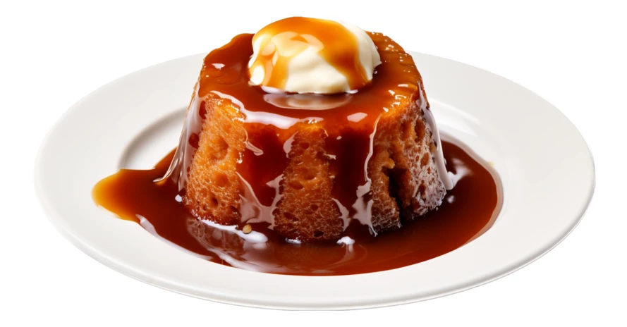 Sticky toffee pudding with caramel sauce and cream