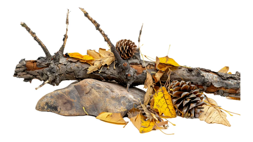Autumn branch with dry leaves and pine cones on rock