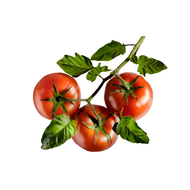 Three fresh red tomatoes on a vine with leaves