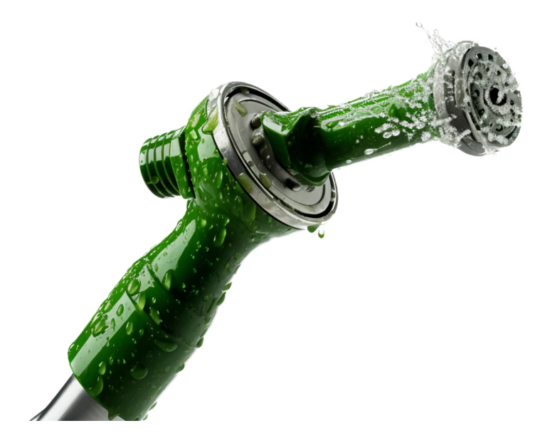 Green garden hose nozzle spraying water on white background