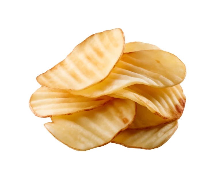 Stack of crinkle-cut potato chips isolated on white