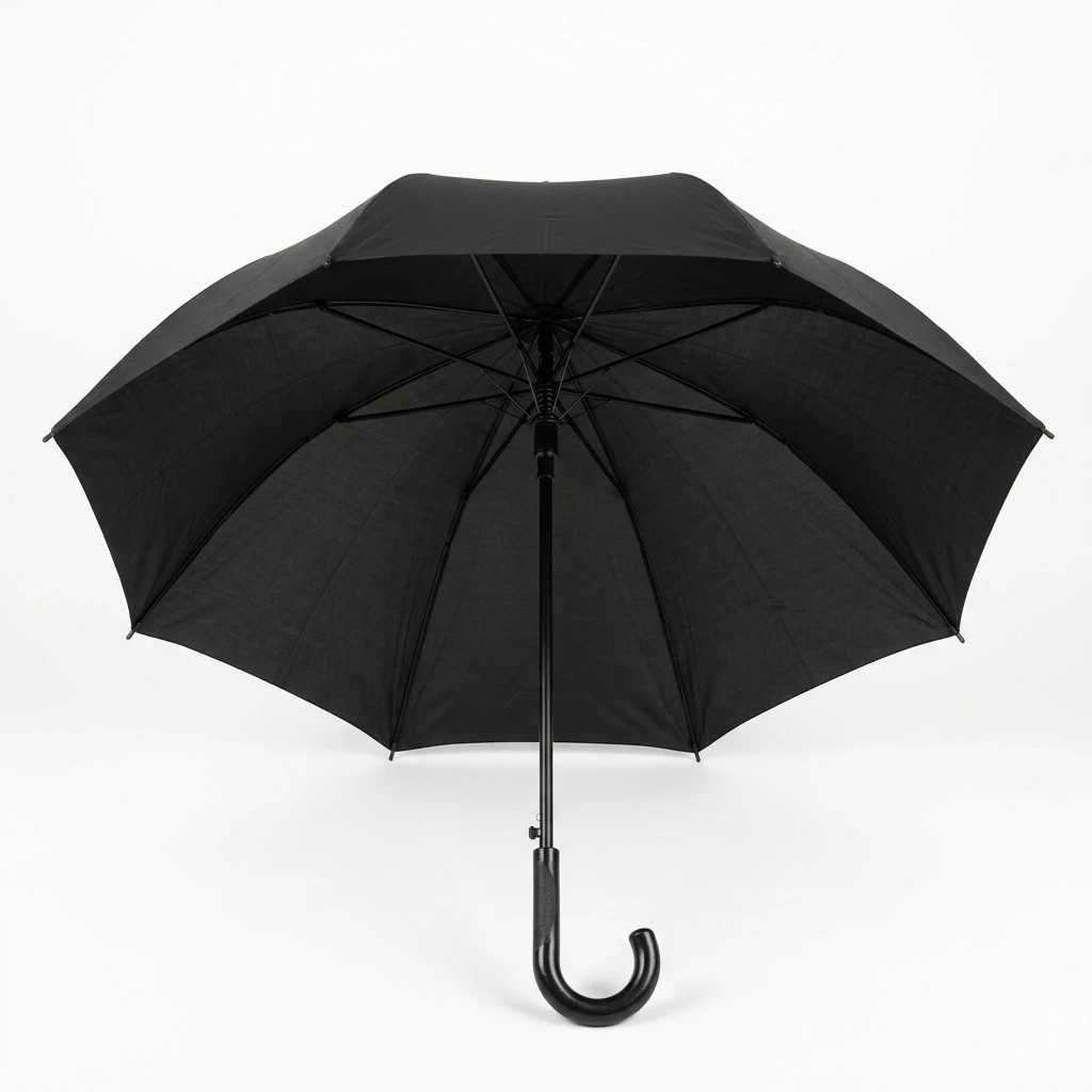 Open classic black umbrella isolated on white background
