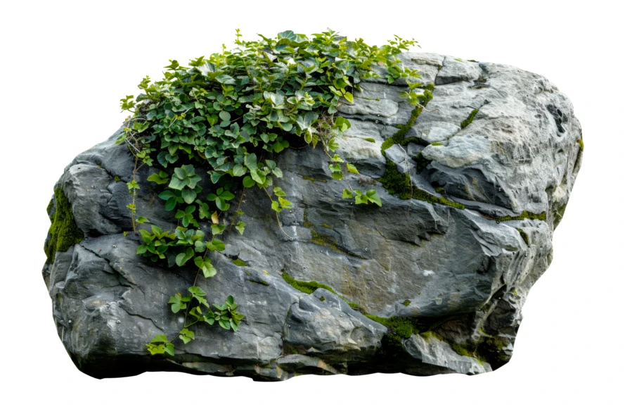 Large grey rock with green ivy isolated on white background