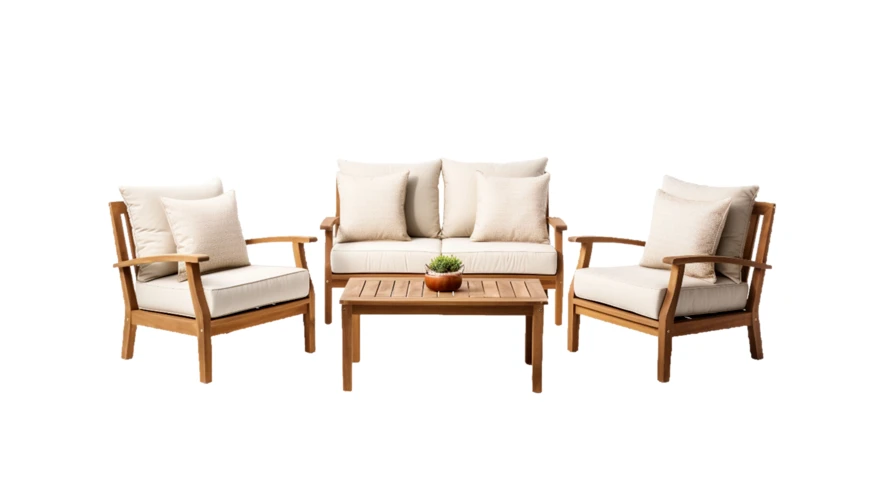 Wooden patio furniture set with beige cushions and table