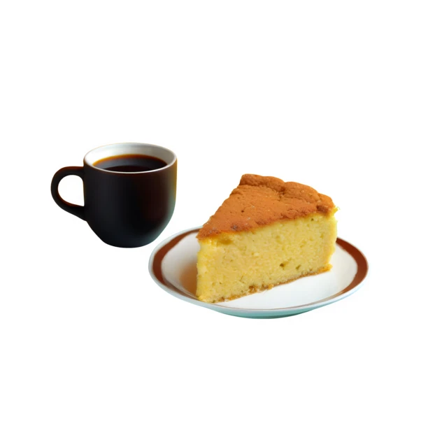 Slice of sponge cake with black coffee isolated on white