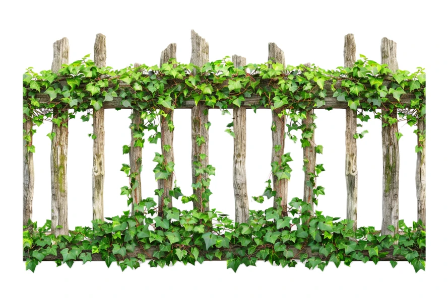 Rustic wooden fence covered in green ivy isolated on white