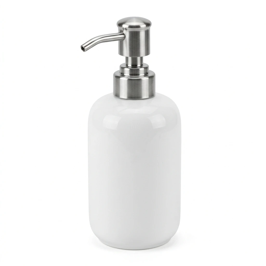 White ceramic soap dispenser with stainless steel pump isolated