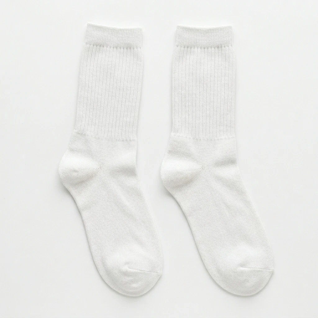 Pair of white cotton crew socks on white background