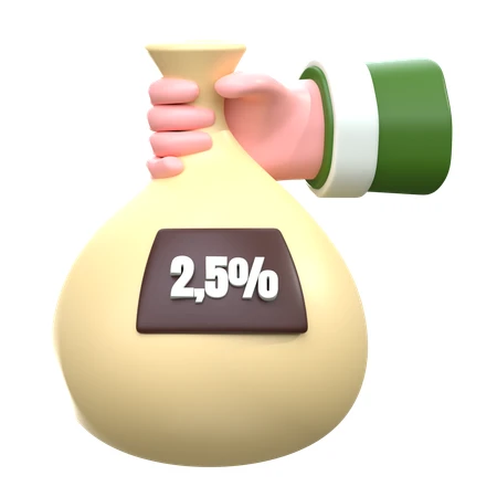 3D hand holding a money bag with 2.5 percent interest