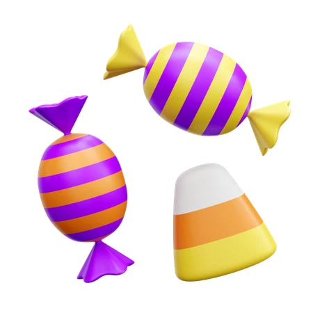 3D Halloween candy set with wrapped sweets and candy corn