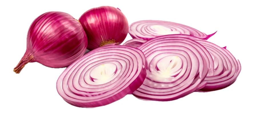 Whole and sliced red onions isolated on white background