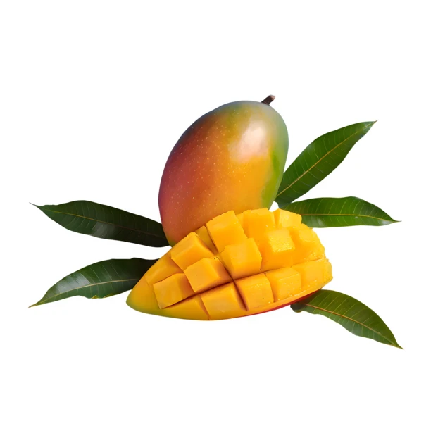 Whole and sliced mango fruit with leaves isolated on white