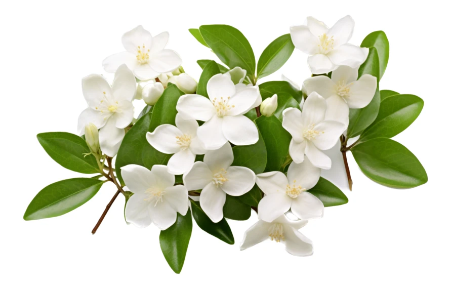 White orange jasmine flowers with green leaves isolated on white