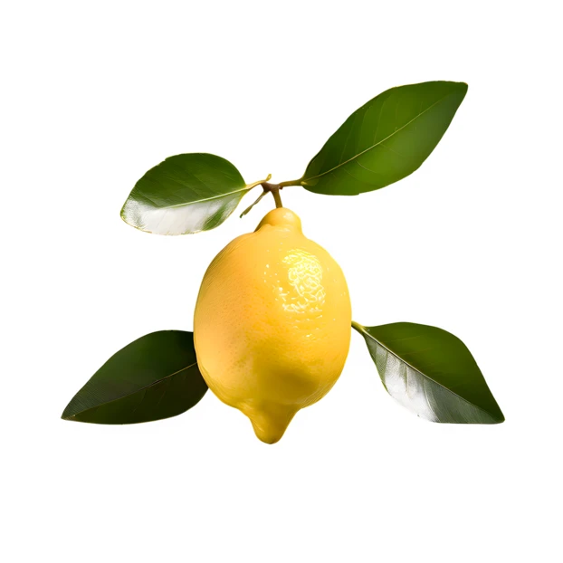 Single yellow lemon with green leaves isolated on white